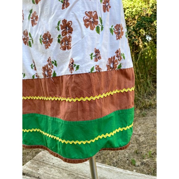 Vintage Brown Green Floral Long Half Apron Ric-rac Farmhouse - Picture 9 of 11